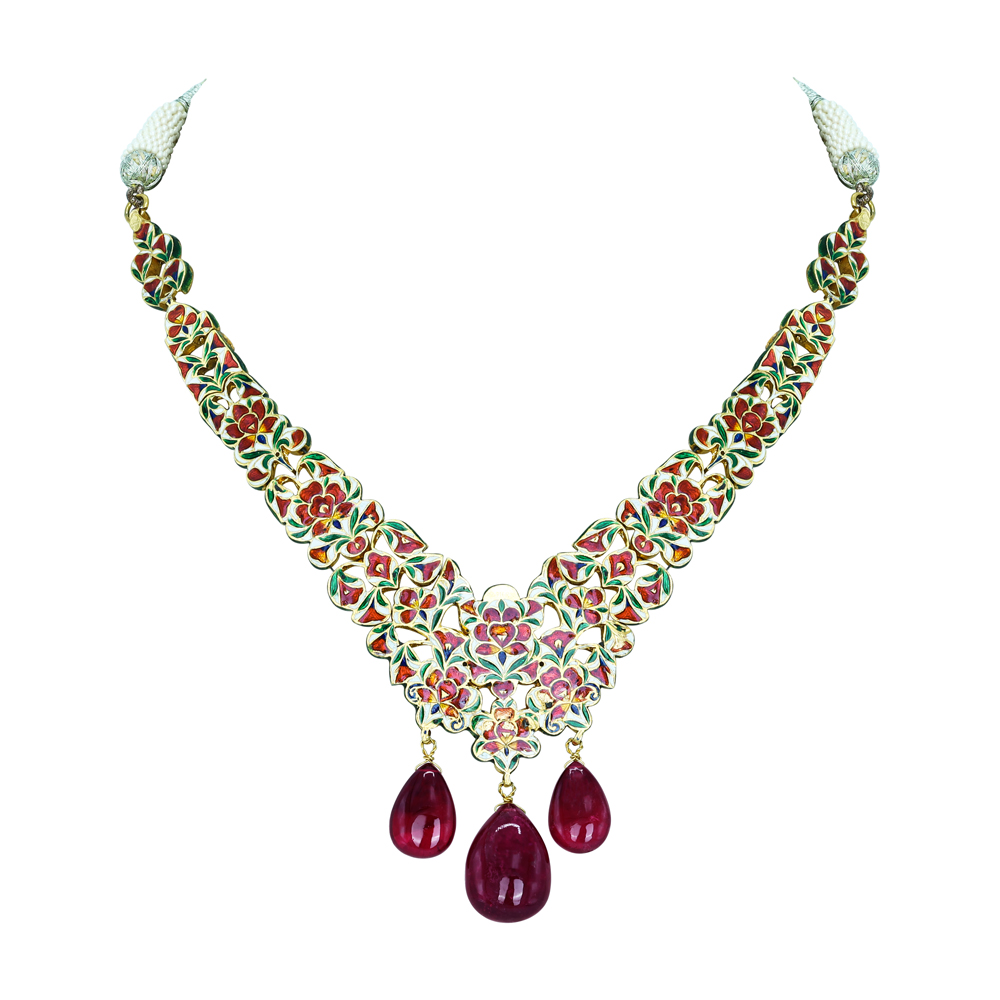 Polki Necklace with Cascading Rubylite Drops